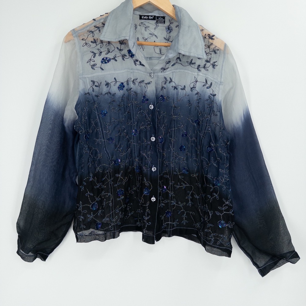Y2K Whimsigoth Sheer Silk Top L Sequin Dark Fairy Grunge‎ Embroidered Ombre Blue